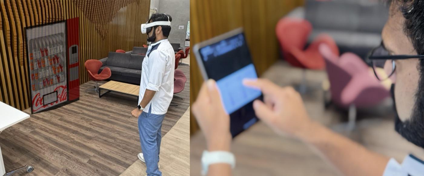 The two halves of onboarding: the scene, and the photo that becomes your future self Left: a participant in the headset facing the vending machine. Right: the tablet photo capture used to build the personalised avatar