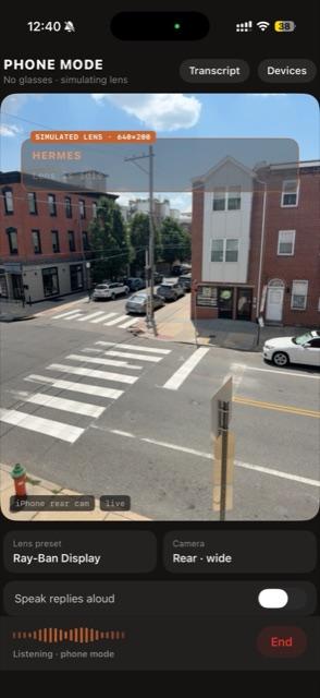 Live camera feed with the simulated Ray-Ban Display lens overlaid