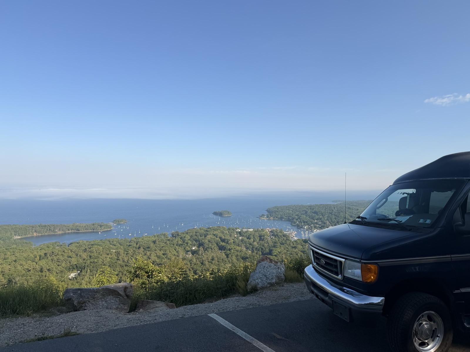 The van on top of Camden Hills, looking out over Camden harbour The van on top of Camden Hills
