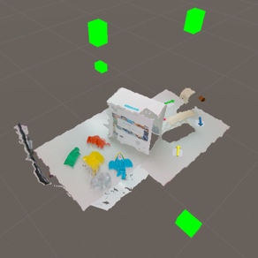 We used four intel Realsense cameras to re-create a table. The green blobs represent cameras.